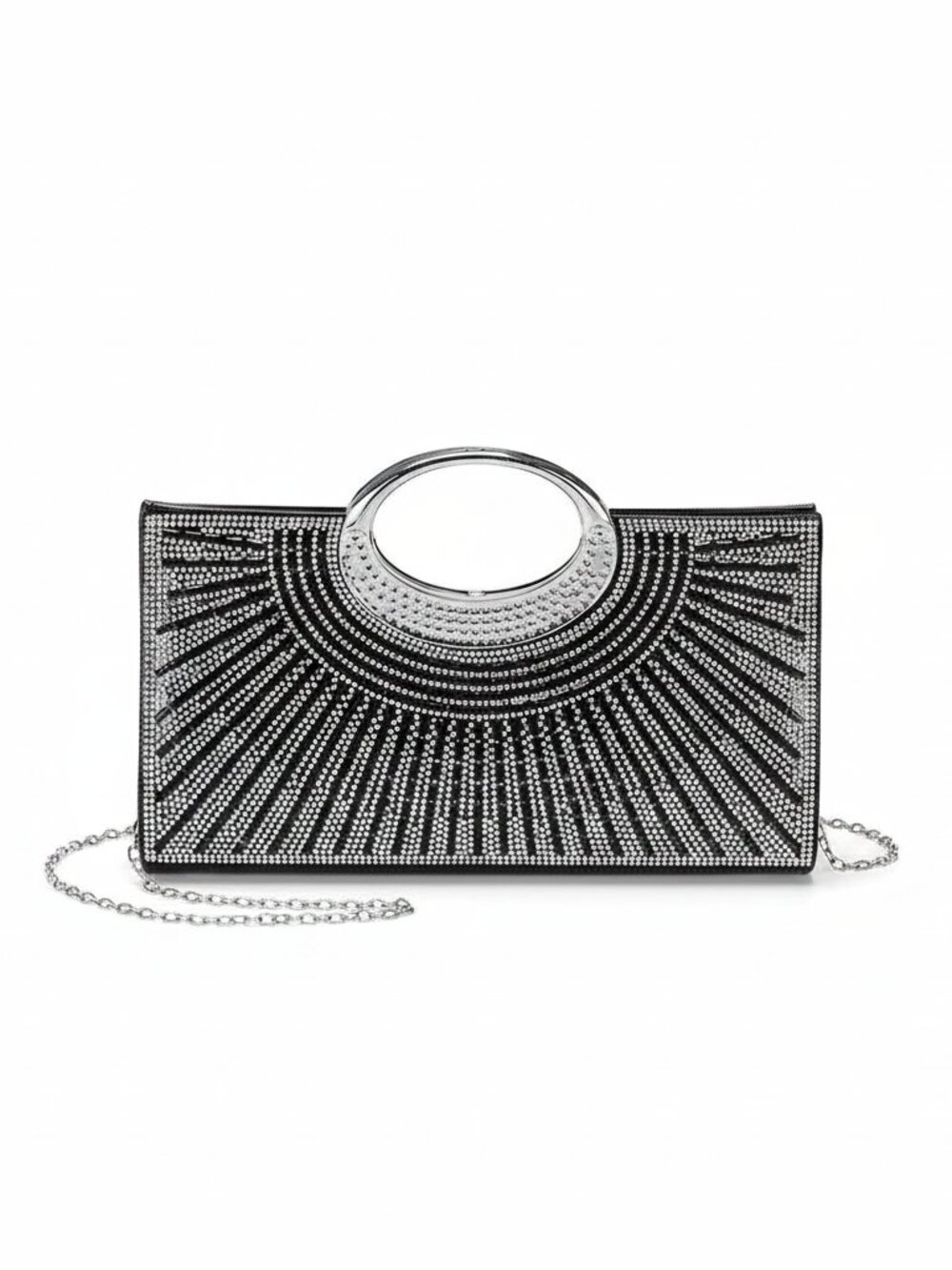 Women Sparkly Black Polyester Rhinestone Clutch Evening Bag Shoulder Chain